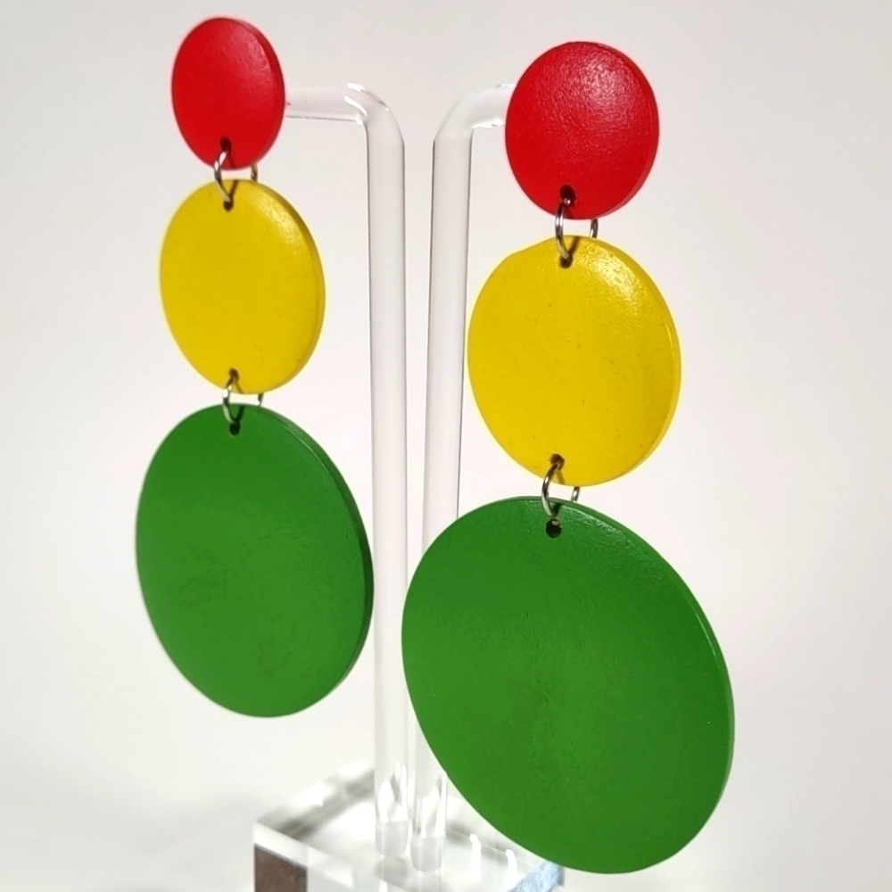 Painted Wood Circles STATEMENT Pierced Ear Earrings